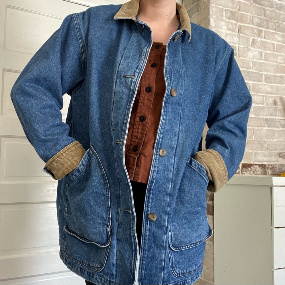 Vintage Dunbrooke Flannel Lined Denim Chore Barn Hunting Coat Corduroy Cotton - Picture 4 of 13